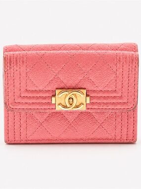 Chanel Boy Pink Caviar Leather Trifold Wallet Aged Gold Hardware Authentic